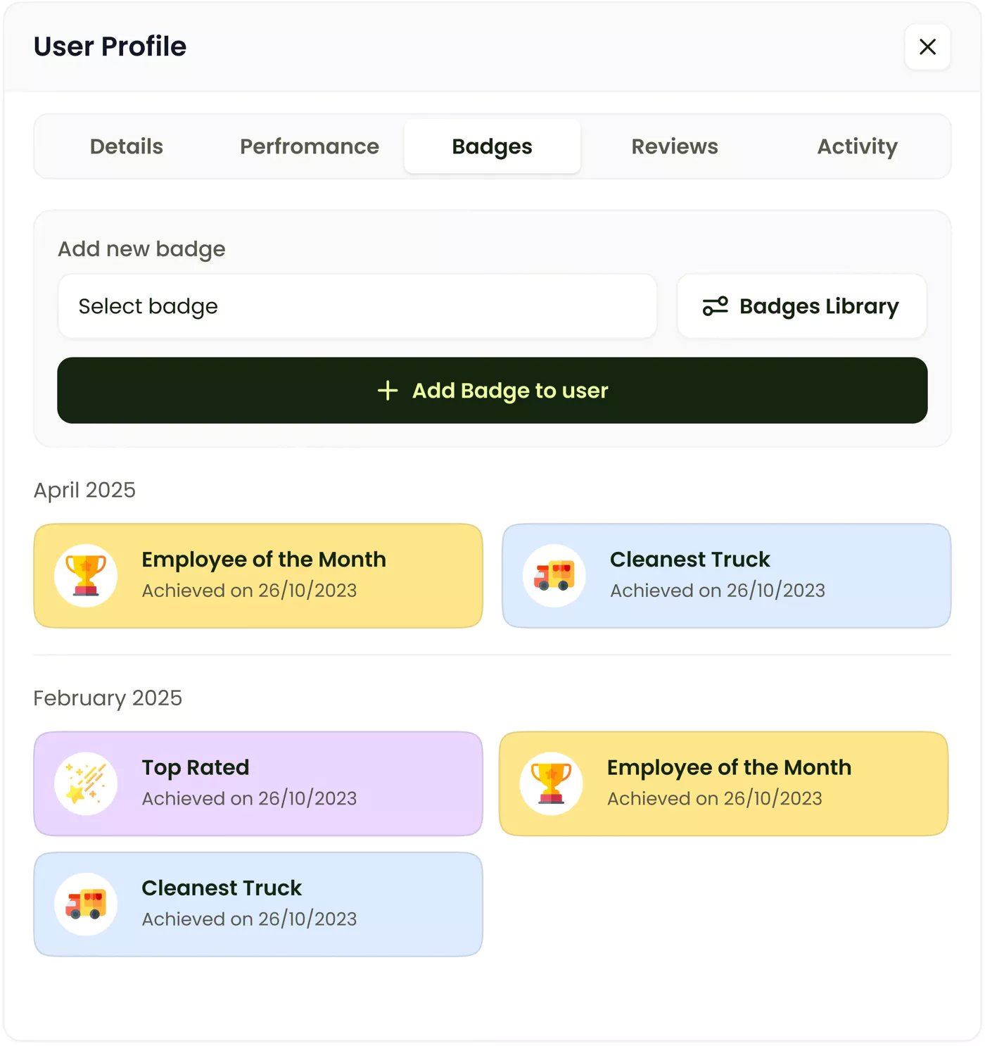 Employee badges and achievements system showing recognition awards, performance milestones, and team accomplishments