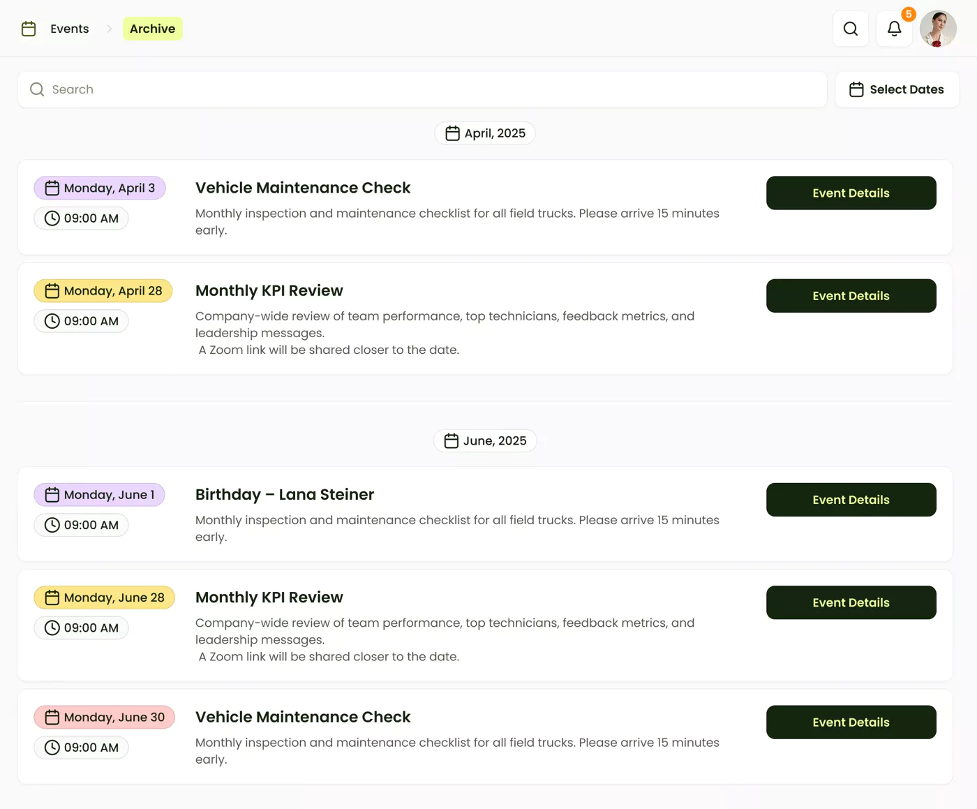 Events and calendar management system showing team schedules, training sessions, and company events for field service teams