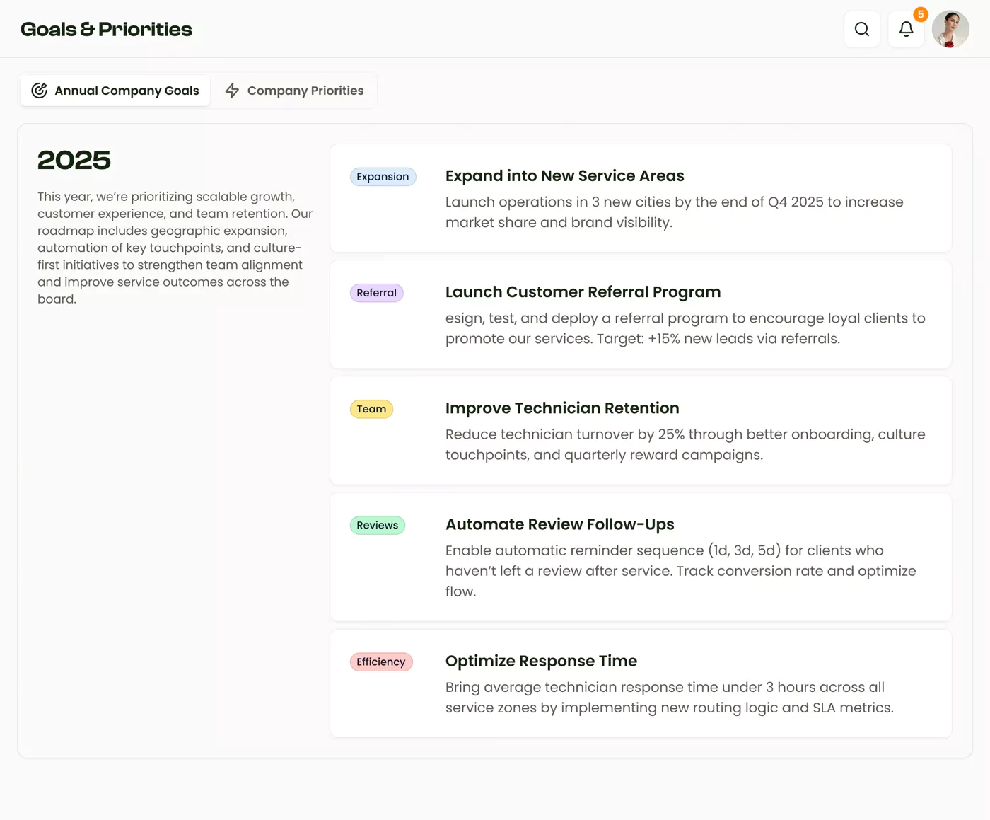 Goals and priorities tracking system showing company objectives, team targets, and performance metrics for field service management