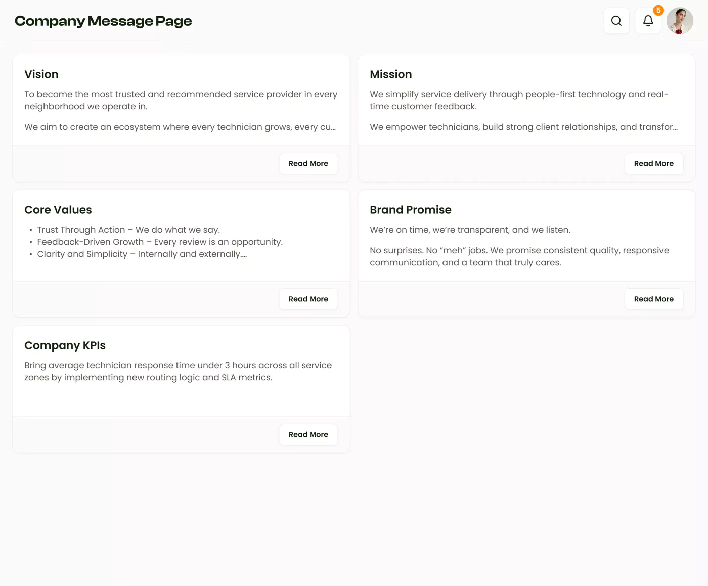 Company mission and values dashboard displaying organizational culture, goals, and core principles for field service teams
