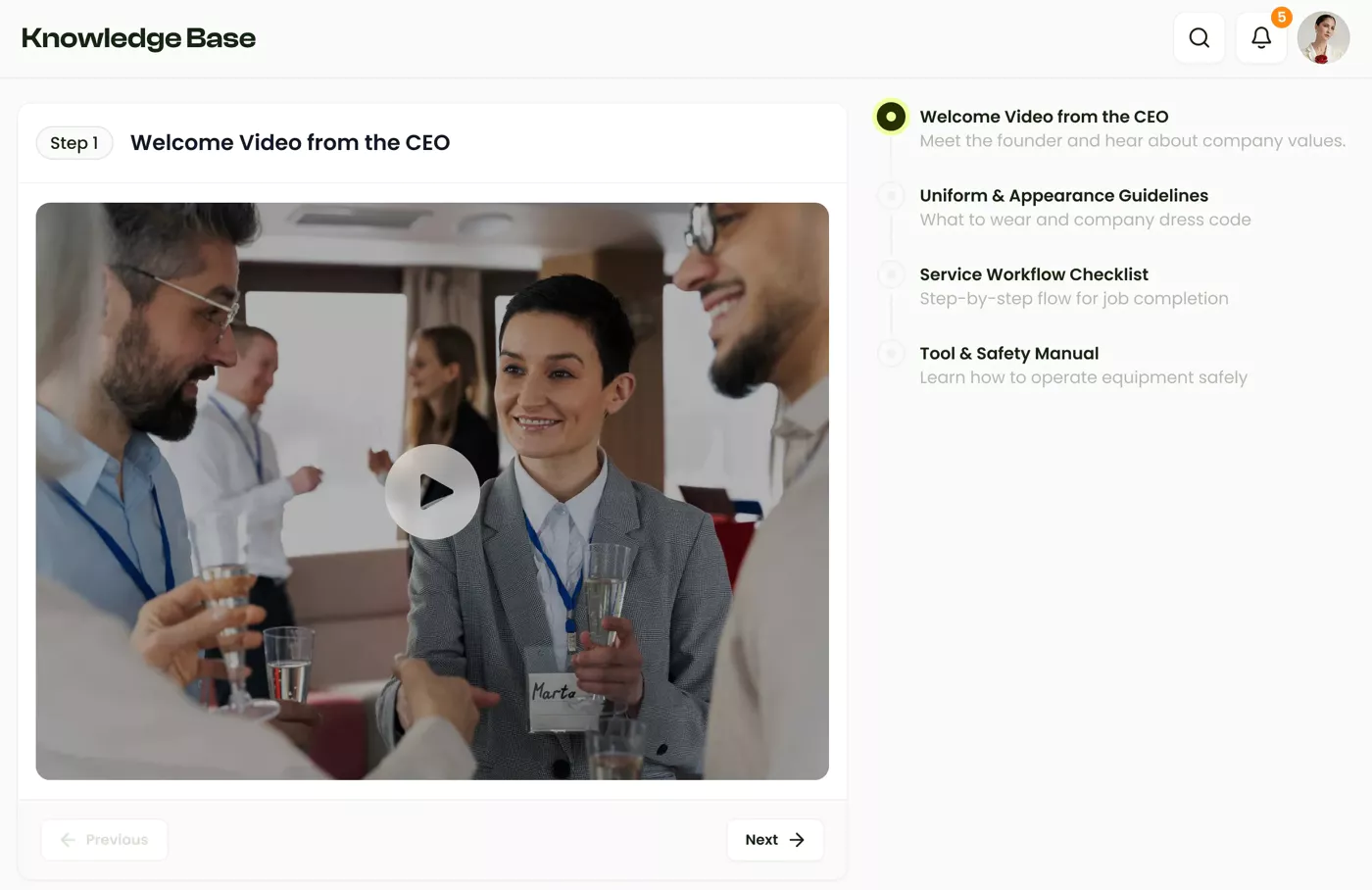 360 Synergy seamless onboarding interface showing welcome videos, checklists, and training materials for new field service employees