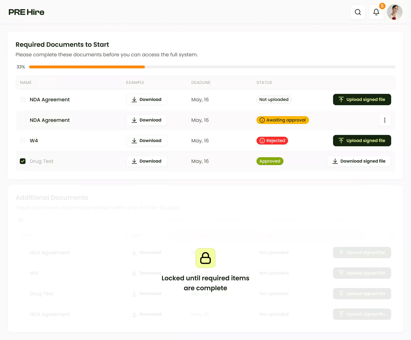 Pre-hire document management system showing digital forms, e-signatures, and document tracking for field service new hires