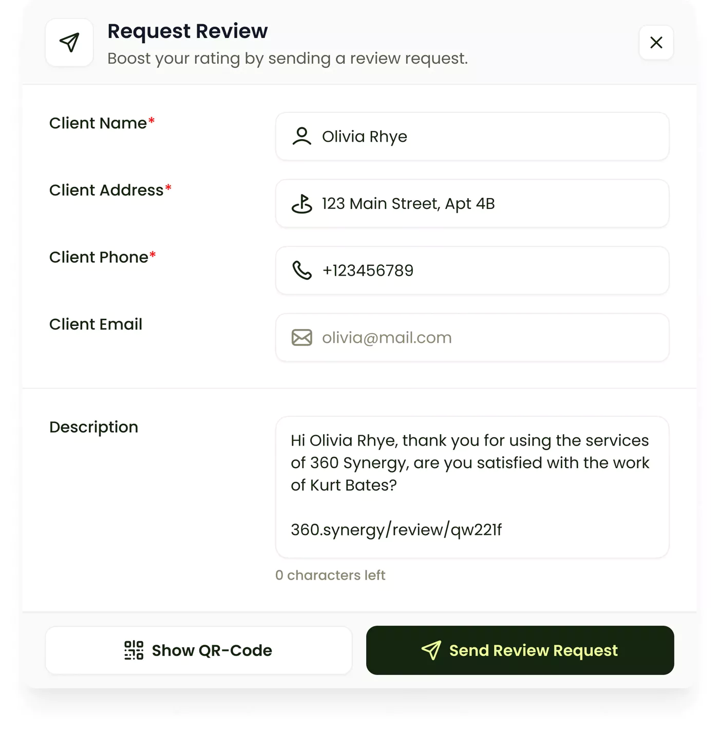 Customer review request system showing automated review invitations, SMS and email templates, and QR code generation for field service businesses